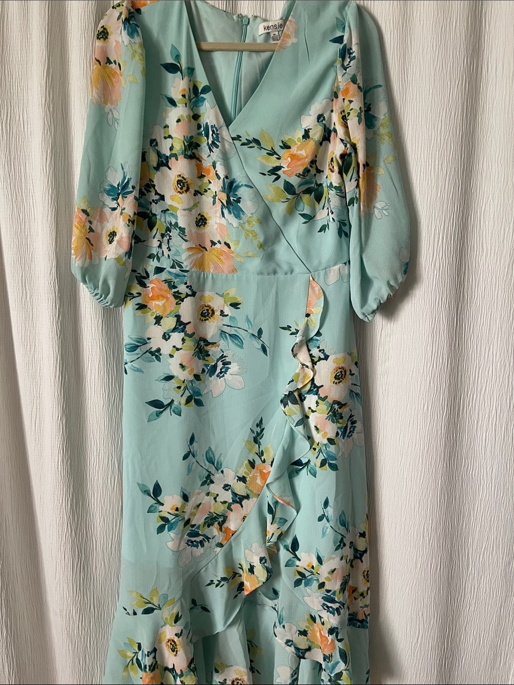 Kensie Floral Wrap Maxi Dress in Aqua with Yellow & White Blooms